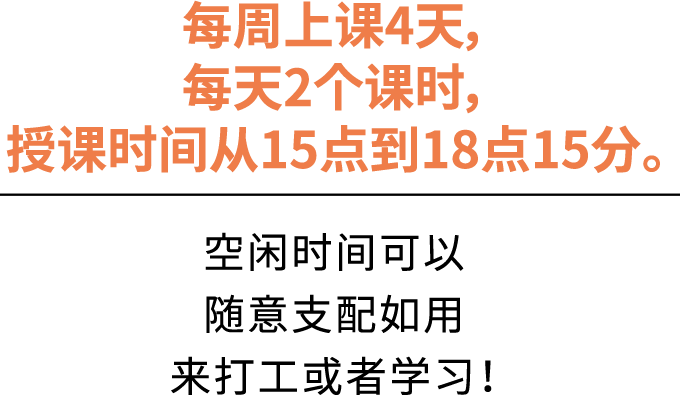 每周上课4天，每天2个课时，授课时间从15点到18点15分。