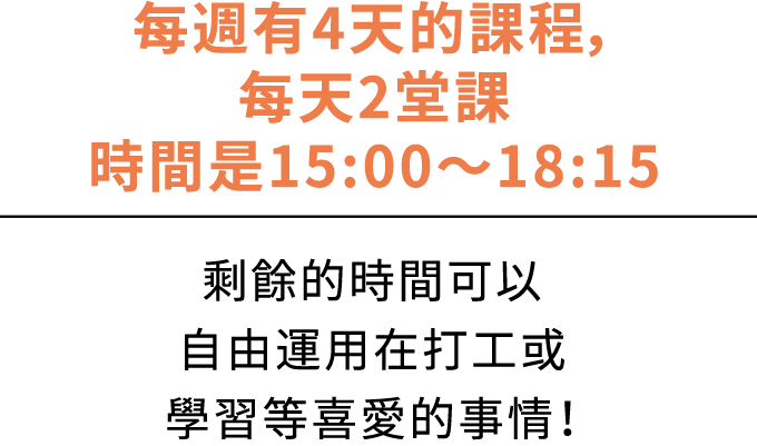 每週有4天的課程，每天2堂課 時間是15:00〜18:15