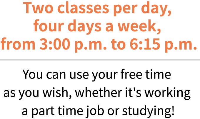 Two classes per day, four days a week, from 3:00 p.m. to 6:15 p.m.