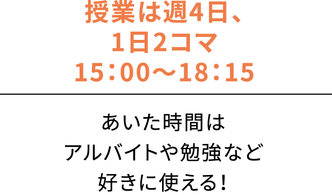 授業は週4⽇、1⽇2コマ15：00〜18：15